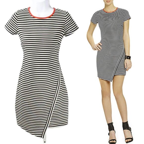 JODI KRISTOPHER Black & White Stripe Envelope Hem Fitted Dress Women's Size XS - Picture 1 of 5